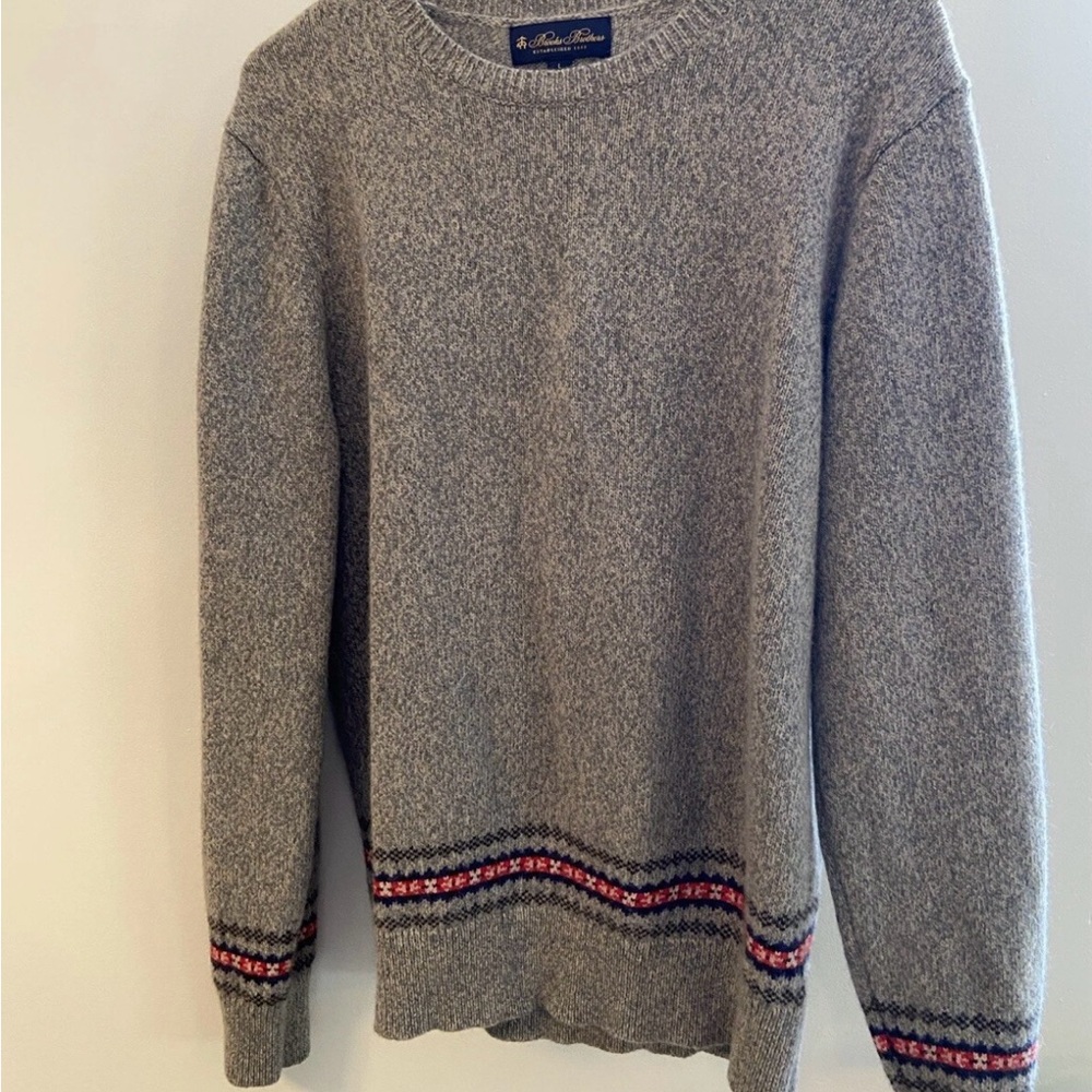 Brooks Brothers Gray Merino Crewneck Sweater with Fair-Isle Trim